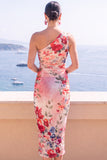 One Shoulder Red Floral Sheath Midi Wedding Guest Dress