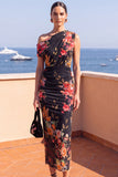 One Shoulder Blue Floral Sheath Midi Wedding Guest Dress