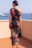 One Shoulder Blue Floral Sheath Midi Wedding Guest Dress