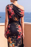 One Shoulder Blue Floral Sheath Midi Wedding Guest Dress