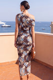 One Shoulder Blue Floral Sheath Midi Wedding Guest Dress