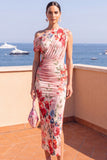 One Shoulder Blue Floral Sheath Midi Wedding Guest Dress