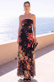 Strapless Coffee Floral A Line Chiffon Maxi Wedding Guest Dress