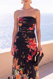 Strapless Coffee Floral A Line Chiffon Maxi Wedding Guest Dress