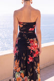 Strapless Coffee Floral A Line Chiffon Maxi Wedding Guest Dress
