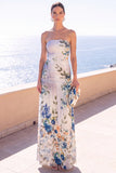 Strapless Coffee Floral A Line Chiffon Maxi Wedding Guest Dress