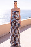 Strapless Coffee Floral A Line Chiffon Maxi Wedding Guest Dress