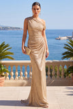 One Shoulder Sheath Champagne Sparkly Maxi Wedding Guest Dress