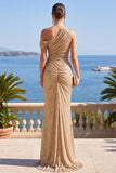 One Shoulder Sheath Champagne Sparkly Maxi Wedding Guest Dress