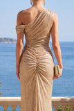 One Shoulder Sheath Champagne Sparkly Maxi Wedding Guest Dress