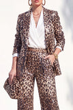 Leopard Peak Lapel Long Sleeve 2 Piece Women Suits