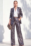 Leopard Peak Lapel Long Sleeve 2 Piece Women Suits