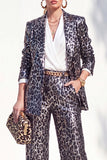 Leopard Peak Lapel Long Sleeve 2 Piece Women Suits
