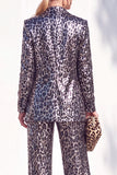 Leopard Peak Lapel Long Sleeve 2 Piece Women Suits
