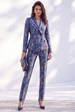 Peak Lapel Dark Blue Long Sleeve 2 Piece Women Suits