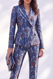 Peak Lapel Dark Blue Long Sleeve 2 Piece Women Suits