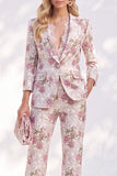 Notched Lapel Purple 3/4 Sleeve 2 piece Women Suits