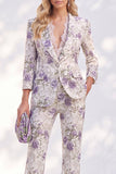 Notched Lapel Purple 3/4 Sleeve 2 piece Women Suits