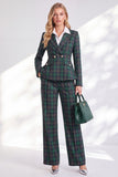 Double Breasted Peak Lapel Green 2 Piece Plaid Women Suits