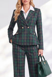 Double Breasted Peak Lapel Green 2 Piece Plaid Women Suits
