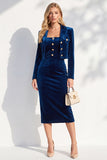 Notched Lapel Burgundy Long Sleeve 2 Piece Skirt Suits