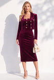 Notched Lapel Burgundy Long Sleeve 2 Piece Skirt Suits