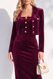 Notched Lapel Burgundy Long Sleeve 2 Piece Skirt Suits