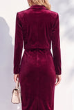 Notched Lapel Burgundy Long Sleeve 2 Piece Skirt Suits