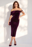 Asymmetrical Neck Burgundy Sheath Midi Velvet Dress