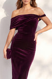 Asymmetrical Neck Burgundy Sheath Midi Velvet Dress