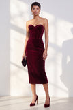 Strapless Corset Burgundy Sheath Midi Velvet Dress