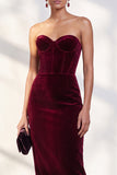 Strapless Corset Burgundy Sheath Midi Velvet Dress