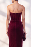 Strapless Corset Burgundy Sheath Midi Velvet Dress