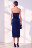 Strapless Corset Burgundy Sheath Midi Velvet Dress