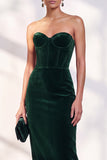 Strapless Corset Burgundy Sheath Midi Velvet Dress