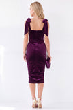 Ruched Burgundy Sheath Midi Velvet Dress With Bow