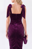 Ruched Burgundy Sheath Midi Velvet Dress With Bow