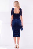 Ruched Burgundy Sheath Midi Velvet Dress With Bow