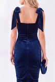 Ruched Burgundy Sheath Midi Velvet Dress With Bow