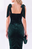 Ruched Burgundy Sheath Midi Velvet Dress With Bow