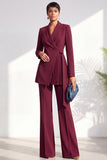 Shawl Lapel Burgundy 2 Piece Pleated Women Suits