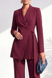 Shawl Lapel Burgundy 2 Piece Pleated Women Suits