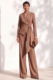 Brown 2 Piece Shawl Lapel Women Suits with Sash