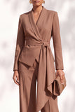 Brown 2 Piece Shawl Lapel Women Suits with Sash