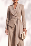 Brown 2 Piece Shawl Lapel Women Suits with Sash