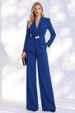 Ruched V-Neck Long Sleeve Blue Women Suits