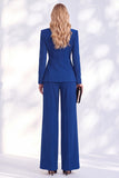 Ruched V-Neck Long Sleeve Blue Women Suits