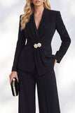 Ruched V-Neck Long Sleeve Blue Women Suits