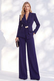 Ruched V-Neck Long Sleeve Blue Women Suits