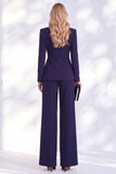 Ruched V-Neck Long Sleeve Blue Women Suits